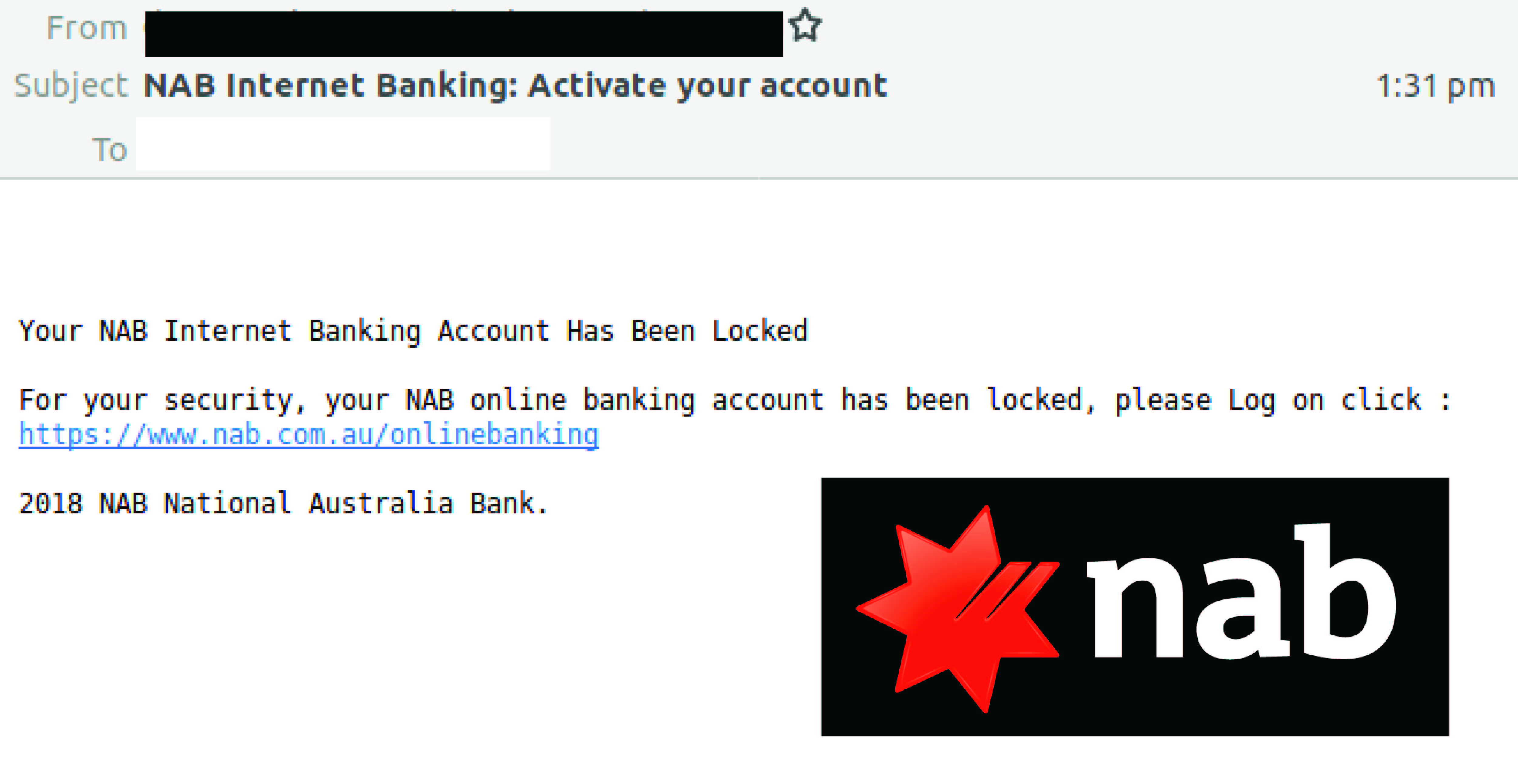 Phishing attack delivered by email spoofing nab
